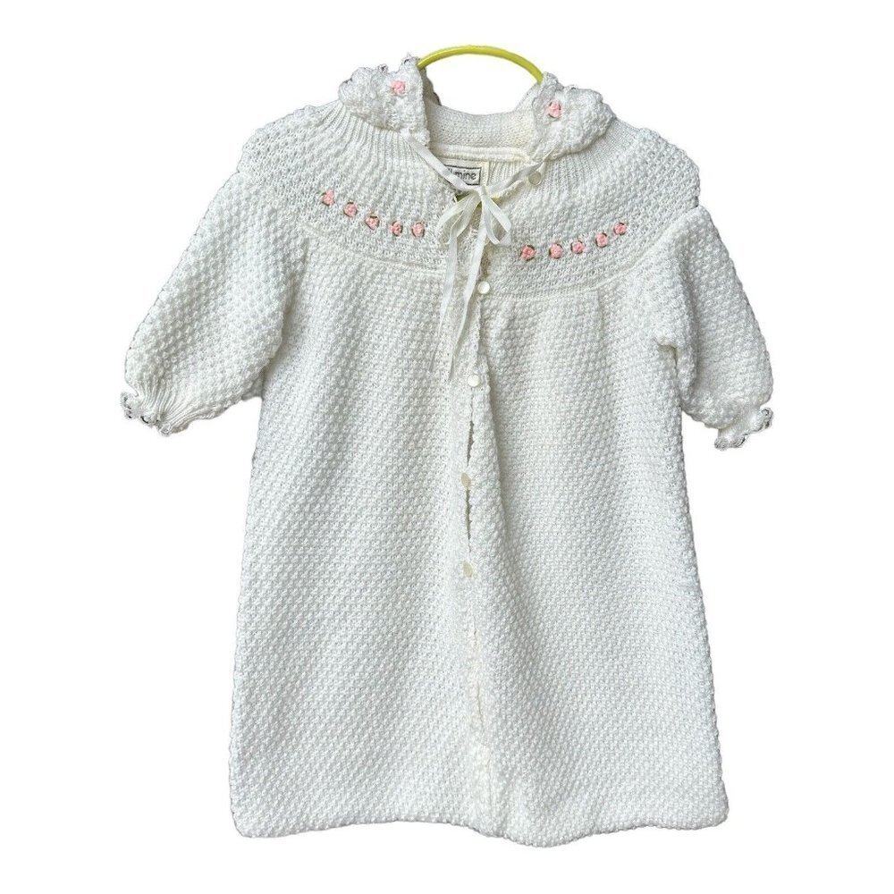 All‎ Mine Baby Gown Sweater Hooded Embroidery White Pink Flowers Size 12M VTG